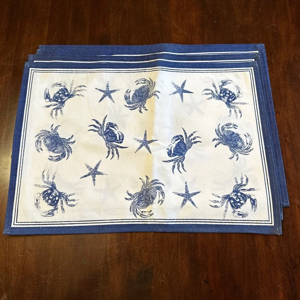 Fabric Placemats Set 4 Nautical Print Crabs Seastars‎ Starfish White Blue Cloth